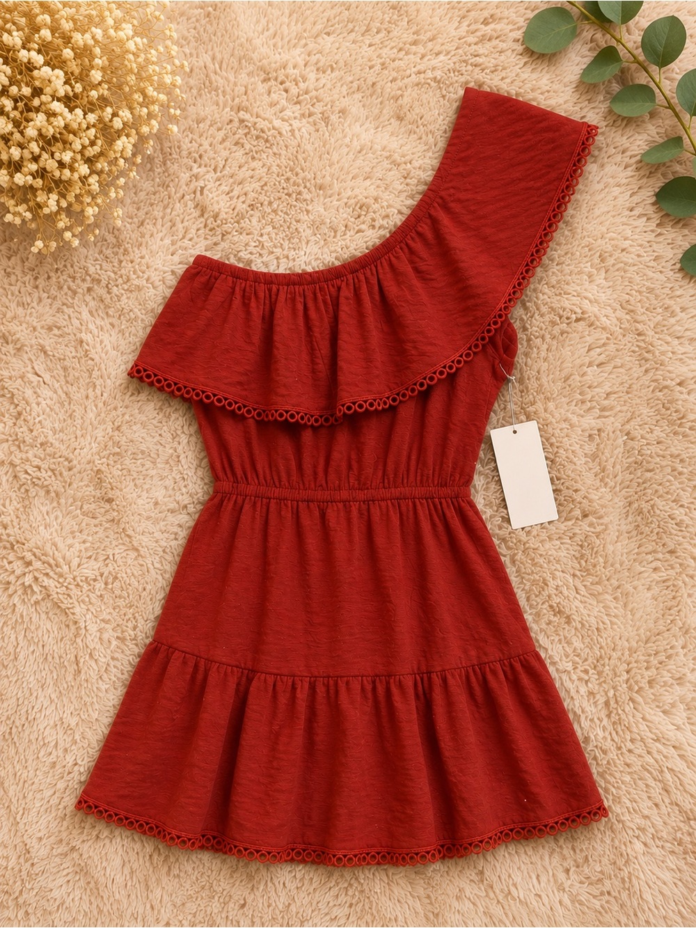 Bar III One-Shoulder Ruffle Dress in Deep Red